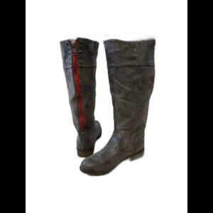 NWT Capitol Gray Faux Leather Knee-High Boots Y2K Moto Grunge Back Zip 8M